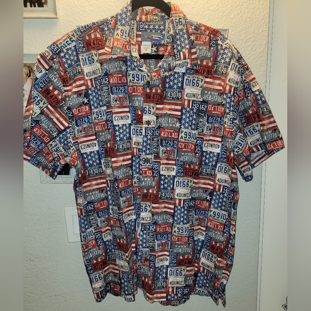 High Seas Trading Co Shirt Patriotic License Plate Print Red White Blue Mens 2XL
